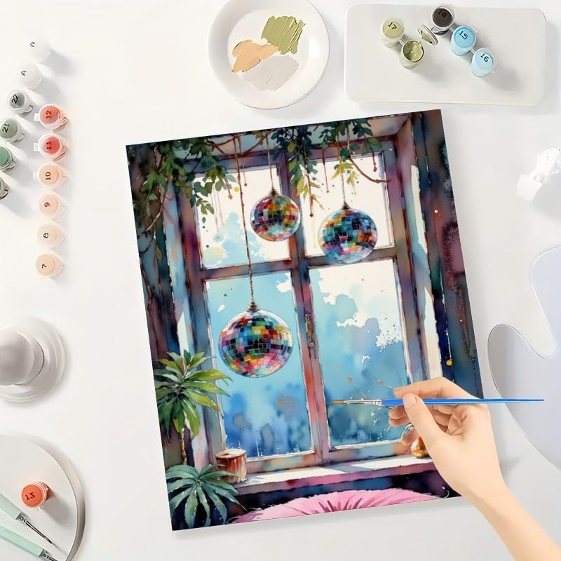 Colorful Disco Balls Paint by Numbers Kit for Adults - DIY Window Hanging Mirror Balls Painting on Canvas 12x16In, Framed Acrylic Paint Set, Suitable for Beginners, Art for Decoration or Gifts - Image 3