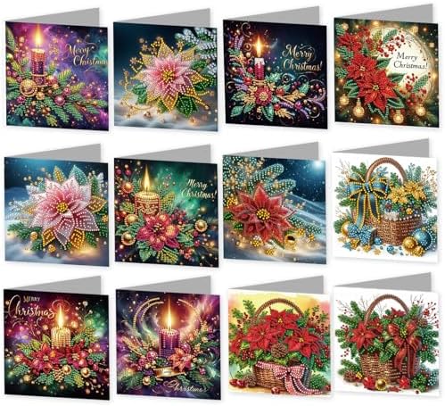 jinglinhh 12pcs Diamond Art Painting Christmas Poinsettia Basket Candle Greeting Cards with Envelopes, DIY Card Making Kits for Adults, Diamond Art Christmas Cards for Holiday Gifts by Unknown