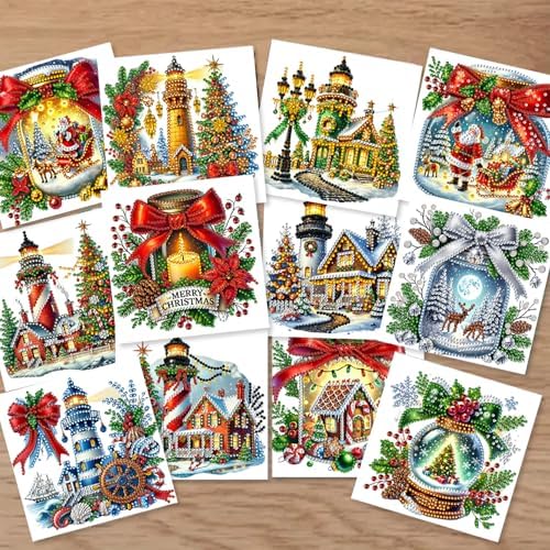 jinglinhh 12pcs Diamond Art Painting Christmas Lighthouse Tree Santa Greeting Cards with Envelopes, DIY Card Making Kits for Adults, Diamond Art Christmas Cards for Holiday Gifts - Image 4