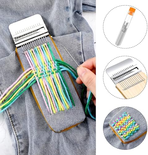 Luinabio Darning Small Loom Speedweve Style Machine Wood Knitting Looms Type Weave Tool 14 Hooks and 9 Yarn Knitting Needles Hand DIY Craft Weaving Repair Tool for Jeans(Rectangle,Classic Color) - Image 4