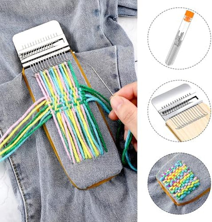 Luinabio Darning Small Loom Speedweve Style Machine Wood Knitting Looms Type Weave Tool 14 Hooks and 9 Yarn Knitting Needles Hand DIY Craft Weaving Repair Tool for Jeans(Rectangle,Classic Color) - Image 4