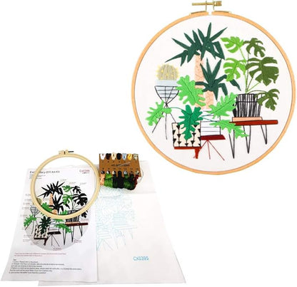 SUQUUB 3 Sets Embroidery Starter Kit with Pattern and Instructions,Cross Stitch Beginner Kits with Frame,3 Plastic Embroidery Hoops,3 Embroidery Clothes and Color Threads (3 X Plant Pattern)