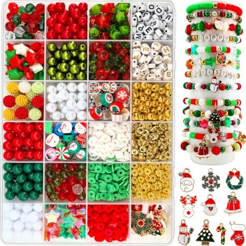 1456Pcs Christmas Bracelet Making Kit, Christmas Beads Charms for Jewelry Making Red Green Clay Beads Pearl Beads Star Round Crystal Bead Snowflake Santa Xmas Tree Pendants for Necklace Earrings Craft by JJzxwish