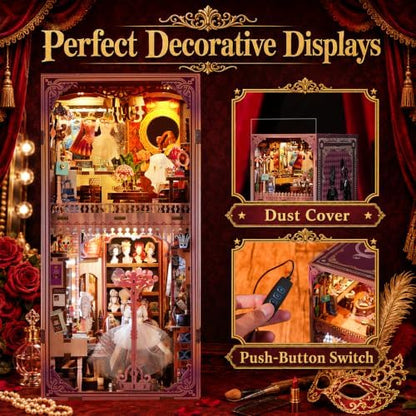 fifijoy Book Nook Kit - Theatre Dressing Room DIY Miniature House with LED Light, 3D Wooden Puzzle Book Nook Bookshelf Decor, Unique Gift for Family and Friends (with White Light) - Image 6