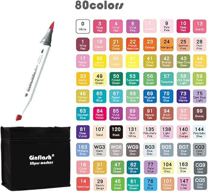 Ginflash Brush Chisel Tip Art Markers Designer Pen Sketch Alcohol Markers Dual Tips Manga Drawing Coloring book marker for artist (80)