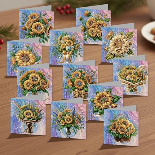 Diamond Painting Greeting Cards 12 Pack Sunflower DIY Kit with Special Shaped Rhinestones, Envelopes & Thick Cardstock, Handmade Craft for Adults, Spring & Summer Gift, Creative DIY Art Card Set - Image 4