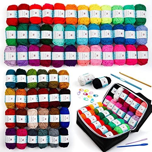 INSCRAFT 62 Acrylic Yarn Skeins, 2170 Yards Yarn for Knitting and Crochet, Includes 2 Crochet Hooks,2 Weaving Needles,10 Stitch Markers, Perfect Beginner Kit for for Adults Kids by INSCRAFT