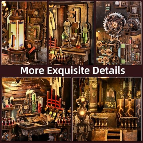 fifijoy Book Nook Kit - DIY Miniature Dollhouse Booknook for Adults, Steampunk 3D Wooden Puzzle Bookshelf Insert Decor with LED Light, Gifts for Family, Friends (Mad Scientist Laboratory) - Image 4