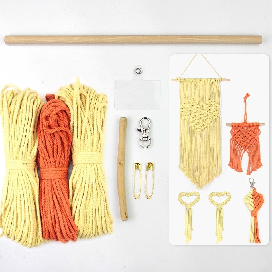 BUFANTL DIY Macrame Heart Kit for Beginners, 5-Piece Starter Set with 2 Wall Hangings, 1 Keychain & 2 Napkin Rings, Boho Weaving Craft Kit for Adults by Unknown