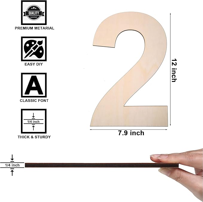12 Inch Wooden Number 2, 1/4 Inch Thick Large Unfinished Wood Letter for DIY Crafts Home Wall Decor