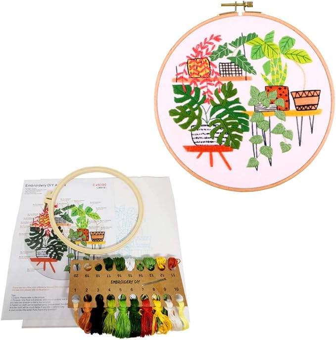 SUQUUB 3 Sets Embroidery Starter Kit with Pattern and Instructions,Cross Stitch Beginner Kits with Frame,3 Plastic Embroidery Hoops,3 Embroidery Clothes and Color Threads (3 X Plant Pattern)
