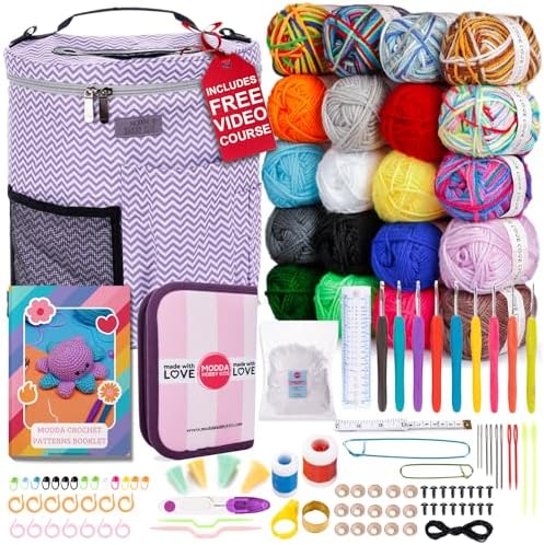 MODDA Crochet Kit for Beginners Adults and Teens - with Video Course - Make Amigurumi and Crocheting Kit Projects - Beginner Crochet Kit Includes 20 Colors Yarn, Hooks, Book, Patterns and Crochet Bag by MODDAHOBBYKITS