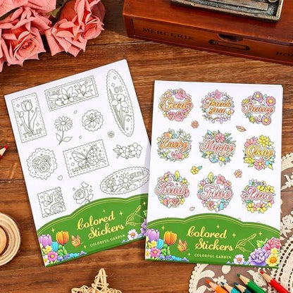 9 Sheets 100+ Pcs Coloring Book for Women, Coloring Stickers for Adult, Color Letter Flowers Butterfly Inspirational Quote Sticker Scrapbook Stickers for Women,Fun Coloring Activities - Image 3