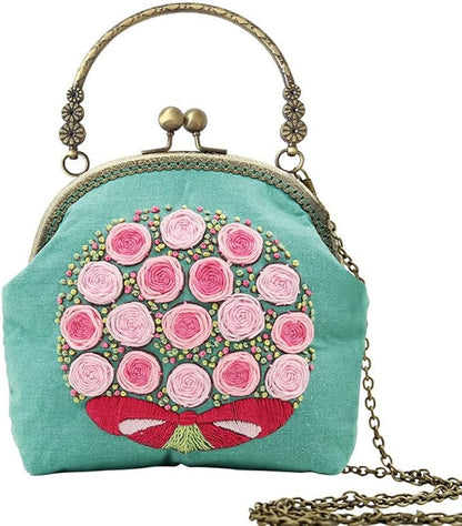 Handmade DIY Embroidered Purse for Women Girls Beginners Embroidery Coin Purse Kits Pink Flowers