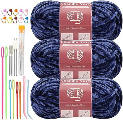LUNARM Chenille Yarn 3 Pack 3.5oz Chunky Blanket Velvet Yarn 263 Yard by Lunarm