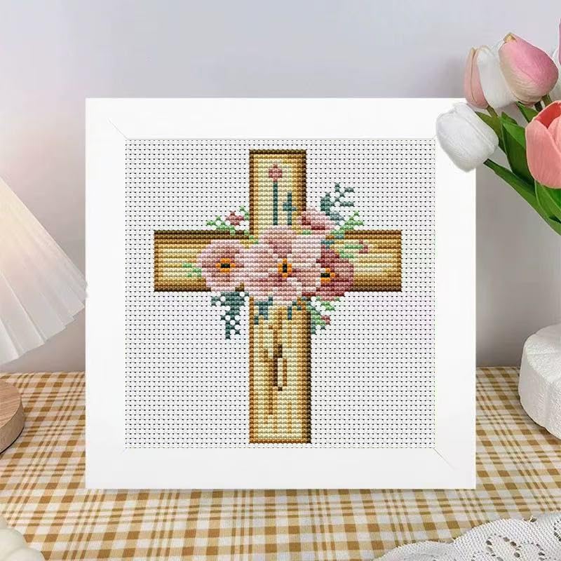 Cross Flower Stamped Cross Stitch Kits for Adults Beginners with Frame - Image 2