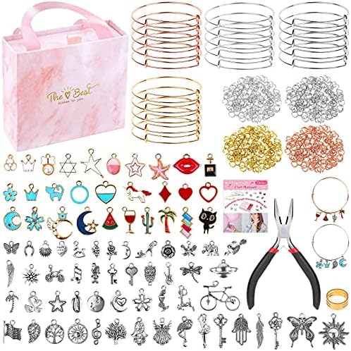 Thrilez 300Pcs Charm Bangle Bracelets Making Kit with Expandable Bangles, Charms, Jump Rings and Pliers for Jewelry Making Bangle Bracelets (with Gift Box and Tools) by Thrilez