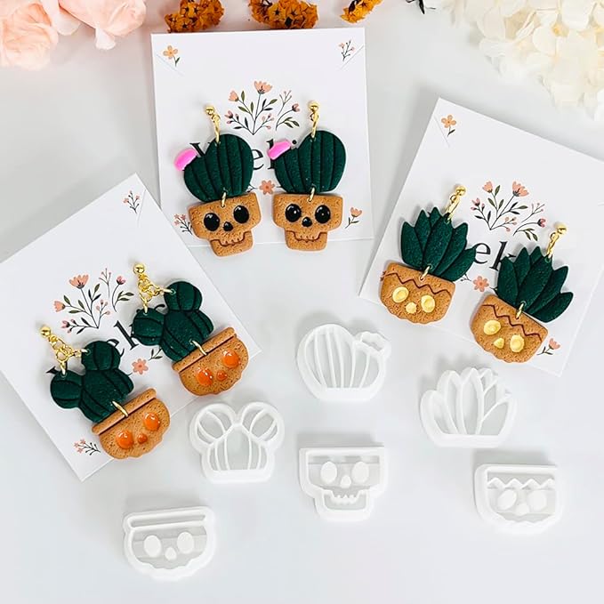 Xaekicr Halloween Cactus Polymer Clay Cutters – 6Pcs Skull Plant Clay Earring Cutters for DIY Halloween Jewelry – Cute Clay Tools for Polymer Clay Crafts
