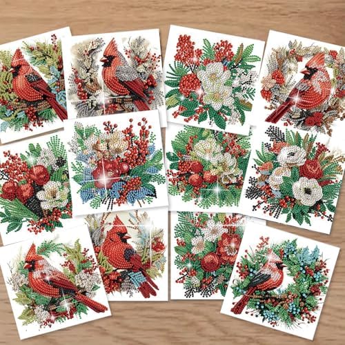 jinglinhh 12pcs Diamond Art Painting Christmas Cardinal Greeting Cards with Envelopes, DIY Card Making Kits for Adults, Diamond Art Christmas Cards for Birthday Holiday Postcards Craft Gifts - Image 5