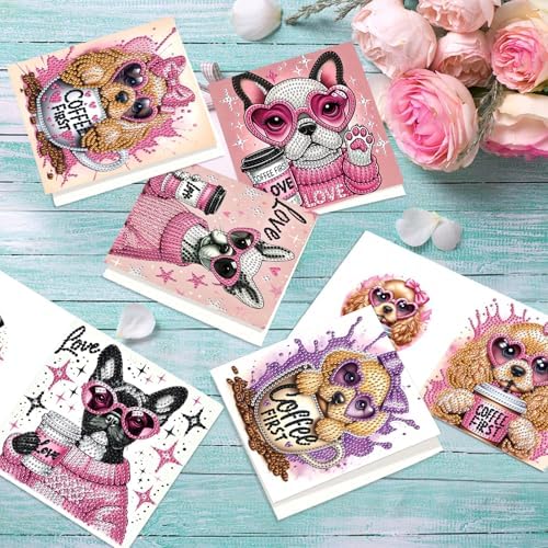 MVVMTOP 6pcs Diamond Art Painting Greeting Card, DIY Dog and Coffee Diamond Art Greeting Card for Blessing and Wishe Special Shaped Diamond Arts Crafts for Birthday Thanksgiving Day - Image 5