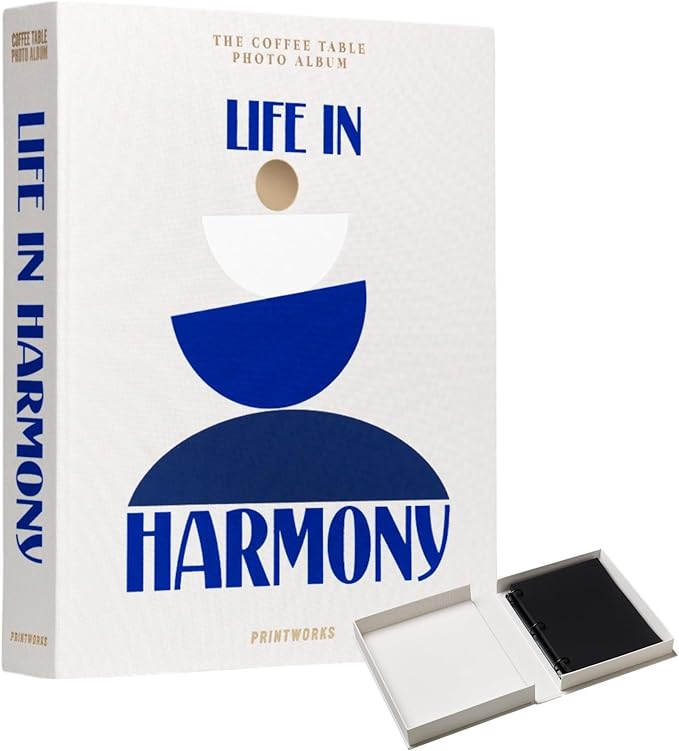 Printworks Life in Harmony – Elegant Beige & Blue Coffee Table Photo Book – Large Picture Album with 30 Pages, Writing Space & Expandable Design – Fits 4x6 Photos