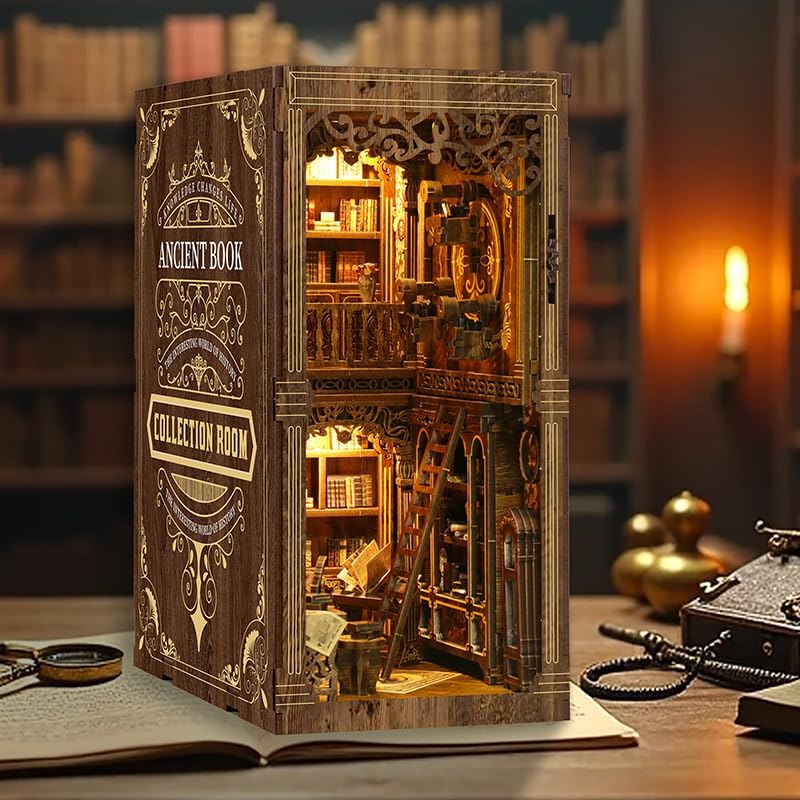 Antique Book Collection Room DIY Book Nook Kit for Adults - Wooden Bookshelf 3D Book Nook Miniature Kit with LED Lights, Puzzle Library Decor for Book Lovers, Dust Proof Display, Unique Gift - Image 6