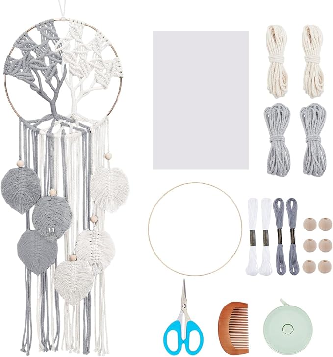 ACRNIGHEET Tree of Life Dream Catcher Macrame Kit for Adults Beginners Macrame Leave Wall Hanging Decor with Video Tutorials Handmade Woven Boho Home Decor for Bedroom Dorm Decoration(Grey Series)