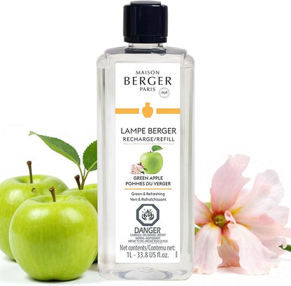 Maison Berger Green Apple Lampe Berger Refill, 1 Liter (33.8 fl oz), 2-in-1 Catalytic System, Neutralizes Odors and Diffuses Fragrance, Green Apple, Fresh Notes, Made in France