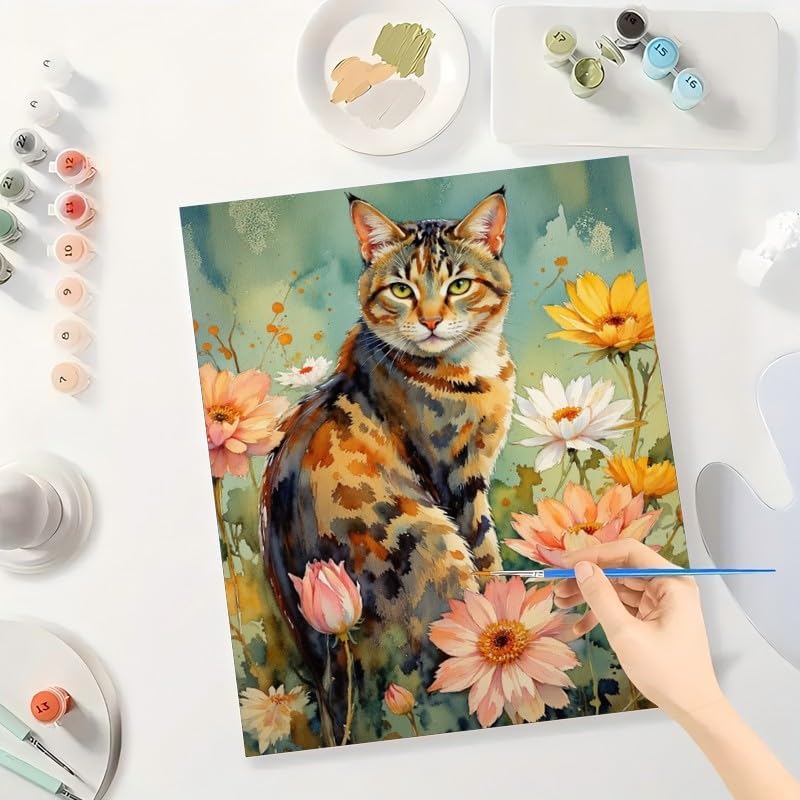 TAOPAOLAB Cat Paint by Numbers Kit for Adults - DIY Calico Cat Among Flowers Painting on Canvas 16x20In, Framed Acrylic Paint Set, Suitable for Beginners, Pet Art for Home Decoration or Gifts - Image 3