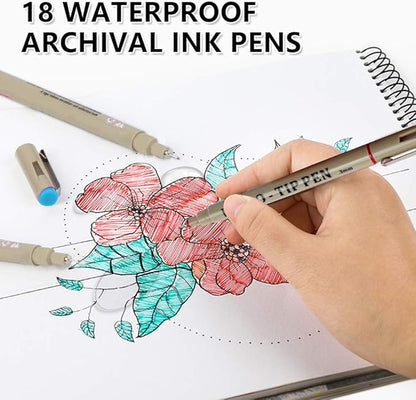 Shuttle Art 18-Pack Micro-line Pens - 11 Waterproof Archival Ink Colors in 0.3MM Felt Tip & 7 Blacks in 0.15-0.5MM For Journaling, Illustrating & Drawing