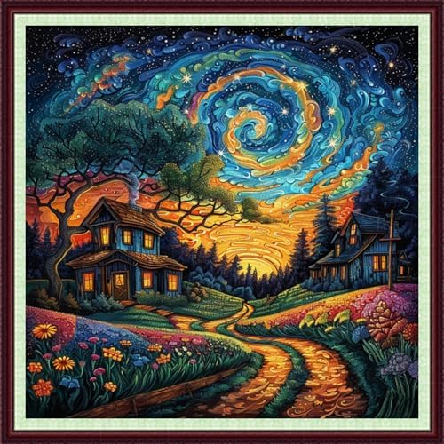 Dooxvey Cross Stitch Kits for Adults Beginners,Full Range of Cross-Stitch Stamped Kits Needlepoint Kits for Beginners Embroidery Kits 11CT Cross Stitch Patterns-Van Gogh's Starry Night Home 18x18 inch by DooxveyStampedEmbroideryKit