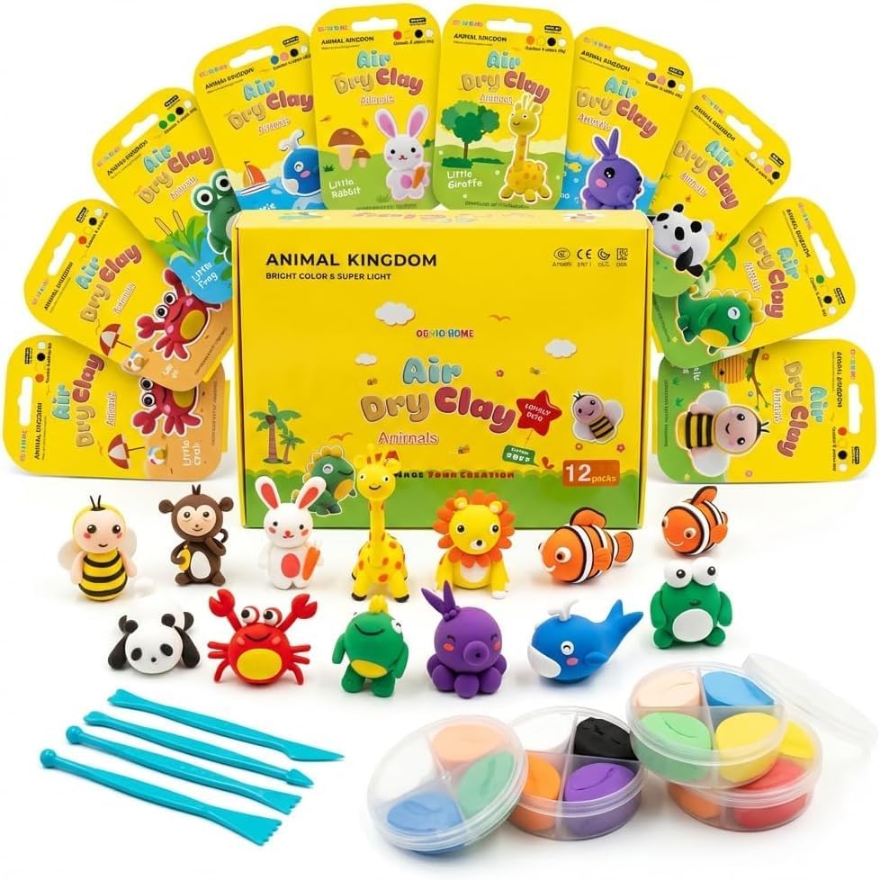 Air Dry Clay Kit for Kids - 12 Animal Design Projects, 48 Colors - Ultra Soft Non-Toxic Clay | Gifts, Crafts & Party Favor by Unknown