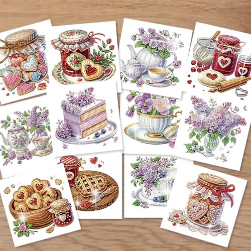 jinglinhh 12pcs Valentine's Day Diamond Art Painting Love Heart Cookies Cakes Afternoon Tea Flowers Greeting Cards with Envelopes, DIY Card Making Kits for Adults, Diamond Art Birthday Holiday Cards Craft Gifts - Image 7
