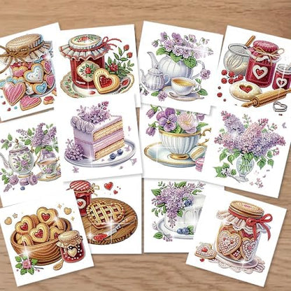 jinglinhh 12pcs Valentine's Day Diamond Art Painting Love Heart Cookies Cakes Afternoon Tea Flowers Greeting Cards with Envelopes, DIY Card Making Kits for Adults, Diamond Art Birthday Holiday Cards Craft Gifts - Image 7