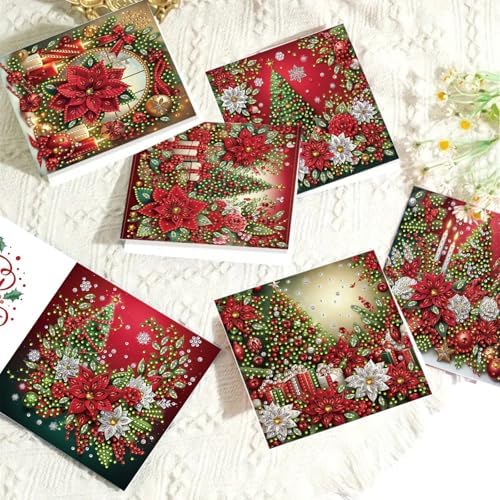 6Pcs Christmas Greeting Card DIY Diamond Art Painting Greeting Cards Blessing Folding Card Kit with White Envelopes Diamond Arts Crafts for Birthday Festival Gift-Poinsettia - Image 4