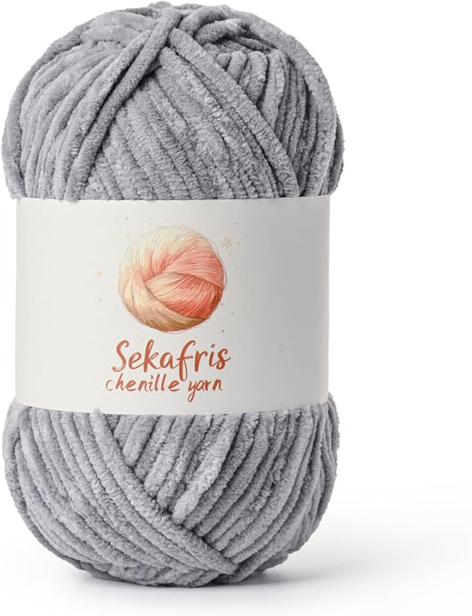 Grayish Chunky Chenille Yarn for Crocheting, Bulky Velvet Yarns for Crochet, Baby Yarn for Crocheting Soft Blanket, 131yds /3.53 oz Fluffy Amigurumi Crochet Yarn