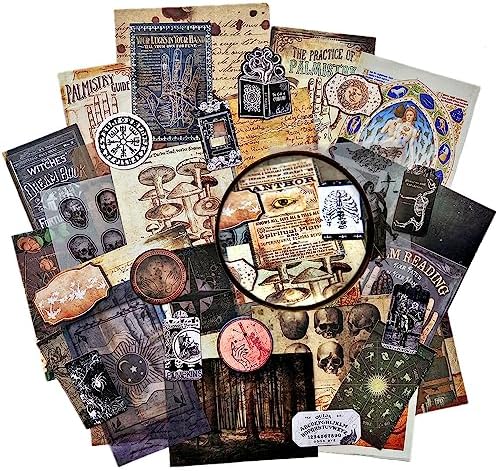 Dark Academia Junk Journal Supplies, Vintage Skull Decoupage Paper for Scrapbook Kit, 45pcs Astrology Ephemera for Junk Journals, Mushroom Plant Materials for Room Decor Wall Collage Kit by VilikyavintageArtandAesthetics