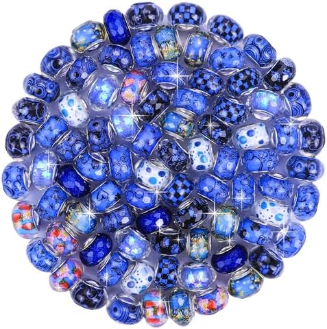 Aipridy Large Hole European Beads, Craft Supplies Kit，Assorted Mixed Color Lampwork Spacer Beads for DIY Bracelet Jewelry Making (100, Sapphire) - Image 2