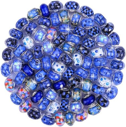 Aipridy Large Hole European Beads, Craft Supplies Kit，Assorted Mixed Color Lampwork Spacer Beads for DIY Bracelet Jewelry Making (100, Sapphire) - Image 2