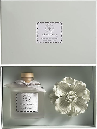 Pretty Valley Home Reed Diffuser Sets, 6.76 Fl. Oz / 200ML Ceramic Diffuser Flower Gift Box, Home Reed Diffuser for Bathroom Office Bathroom Living Room Decor (White Jasmine Green)