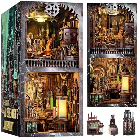 fifijoy Book Nook Kit - DIY Miniature Dollhouse Booknook for Adults, Steampunk 3D Wooden Puzzle Bookshelf Insert Decor with LED Light, Gifts for Family, Friends (Mad Scientist Laboratory) by fifijoy