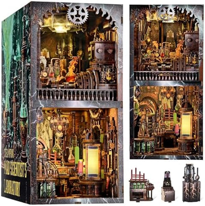 fifijoy Book Nook Kit - DIY Miniature Dollhouse Booknook for Adults, Steampunk 3D Wooden Puzzle Bookshelf Insert Decor with LED Light, Gifts for Family, Friends (Mad Scientist Laboratory) by fifijoy