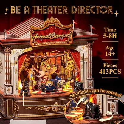 CUTEBEE 3D Wooden Puzzles Music Box - DIY Theater Model Kit with LED Light, 413 Pcs Rotating Miniature House Kit for Adults, Home Bookshelf Decor, Birthday Valentines Day Gifts (Animal Carnival) - Image 4
