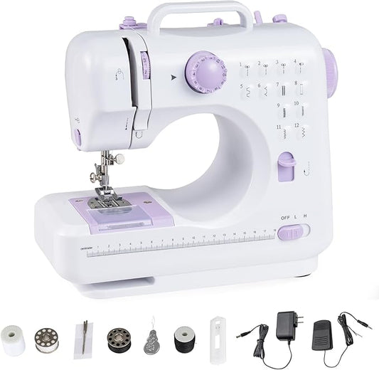 COSTWAY Sewing Machine for Beginner, Portable Mini Electric Sewing Machine with 12 Built-in Stitches, Accessory Kit, LED Light, 2 Speeds & Foot Pedal, Storage Drawer, Ideal for Home DIY Projects