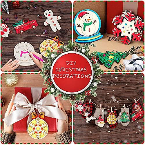 GUDELAK 60PCS DIY Wooden Christmas Ornaments, 12 Styles Christmas Crafts for Kids Adults with Ropes, 60 Bells and 12 Colored Pens, Unfinished Wood Ornaments Making Kit for Christmas Tree Decorations - Image 6