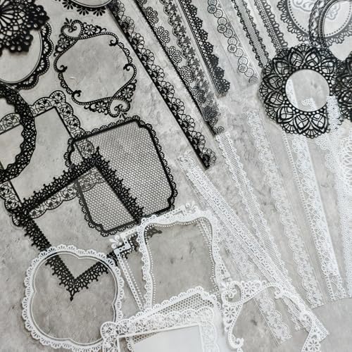 PRSTINCOL 240 PCs Lace Scrapbook Stickers,Waterproof Cutout Transparent Sticker PET Transparent Lace Stickers for Scrapbooking DIY Decoration Making Notebook Frame Album Handmade(Black and White) - Image 3