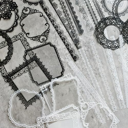 PRSTINCOL 240 PCs Lace Scrapbook Stickers,Waterproof Cutout Transparent Sticker PET Transparent Lace Stickers for Scrapbooking DIY Decoration Making Notebook Frame Album Handmade(Black and White) - Image 3