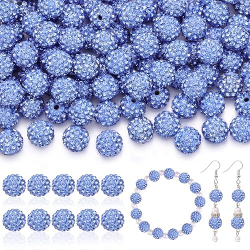 105pcs 10mm Rhinestone Beads for Jewelry Making, Light Blue Shiny Round Disco Ball Beads Bulk, Sparkle Crystal Clay Christmas for Bracelet Baseball Necklace Earring Crafting and DIY by TINKRSTUFF