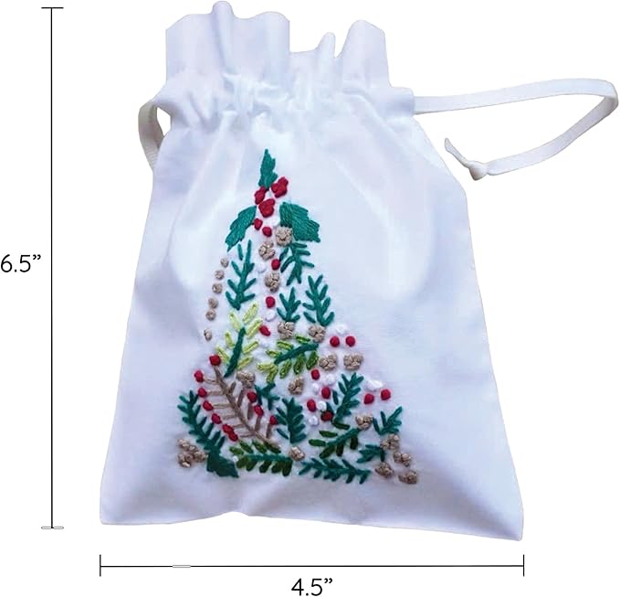 French Knot Embroidery Cotton Drawstring Christmas Gift Bag - Small Reusable Birthday Gift Bag for Girls, Women - Pure Cotton Embroidery Gift Pouch, Pack of 6 (4.5 x6.5 inch) (Single Christmas tree)