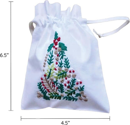 French Knot Embroidery Cotton Drawstring Christmas Gift Bag - Small Reusable Birthday Gift Bag for Girls, Women - Pure Cotton Embroidery Gift Pouch, Pack of 6 (4.5 x6.5 inch) (Single Christmas tree)